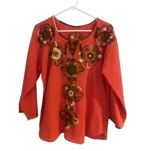 Coral Mexican Handmade Embroidered Blouse Sz M Long Sleeve Open Neck With Ties